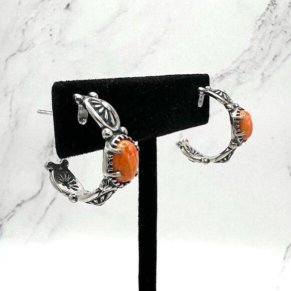 American West Orange Spiny Shell 925 Sterling Silver Hoop Earrings - Picture 1 of 6